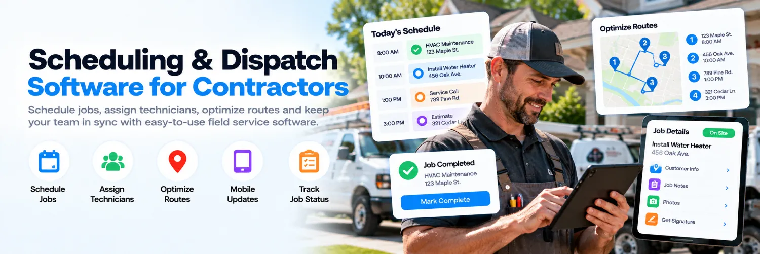 Field service scheduling and dispatch software for contractors showing technician schedules, routes and job assignments