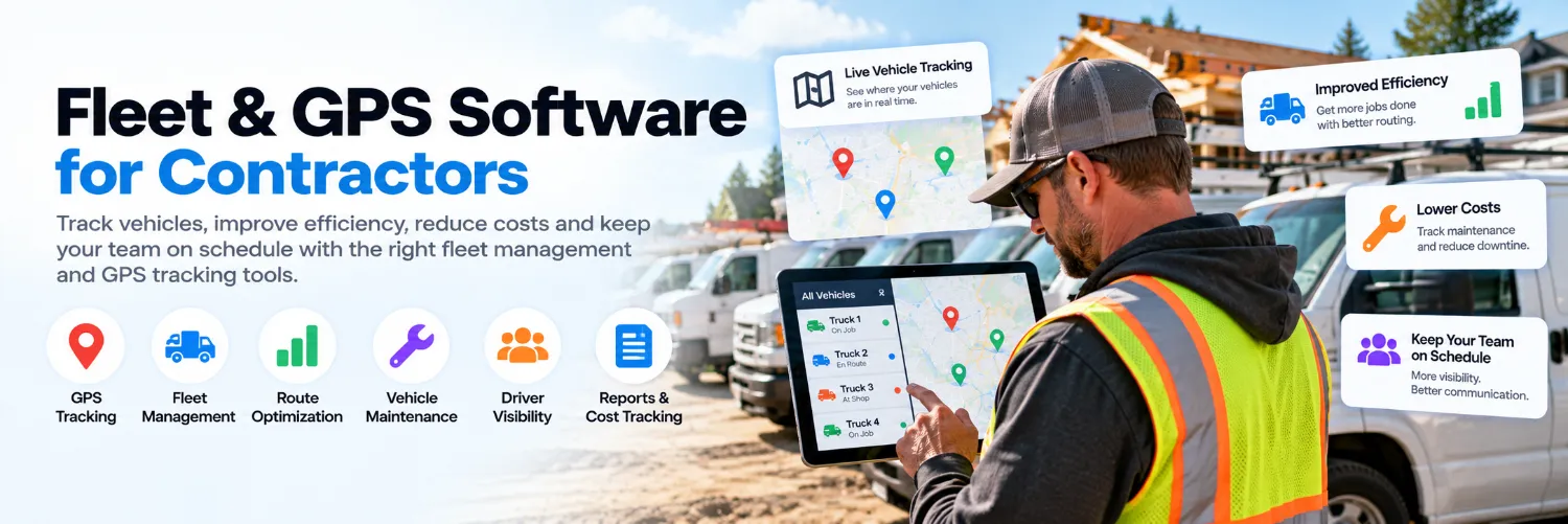 Fleet management and GPS tracking software for contractors showing service vehicles, live locations and route tracking