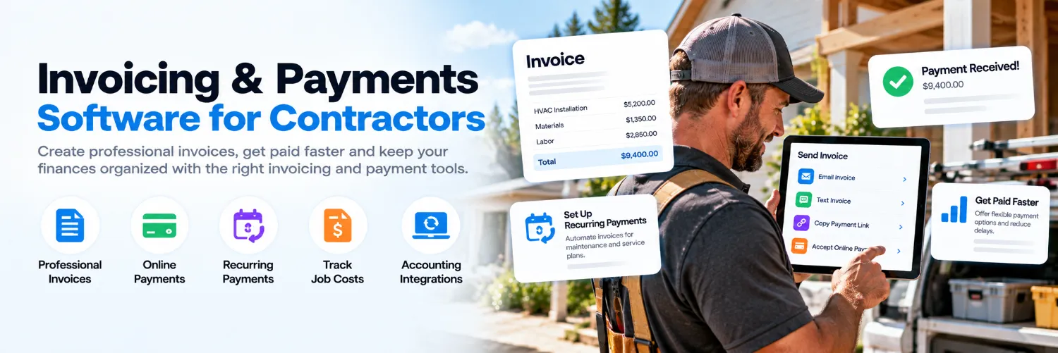Invoicing and payment software for contractors showing an invoice, online payment options and payment confirmation