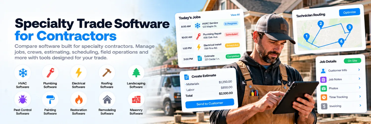 Specialty contractor software for trade businesses showing job management, estimating, scheduling and field operations