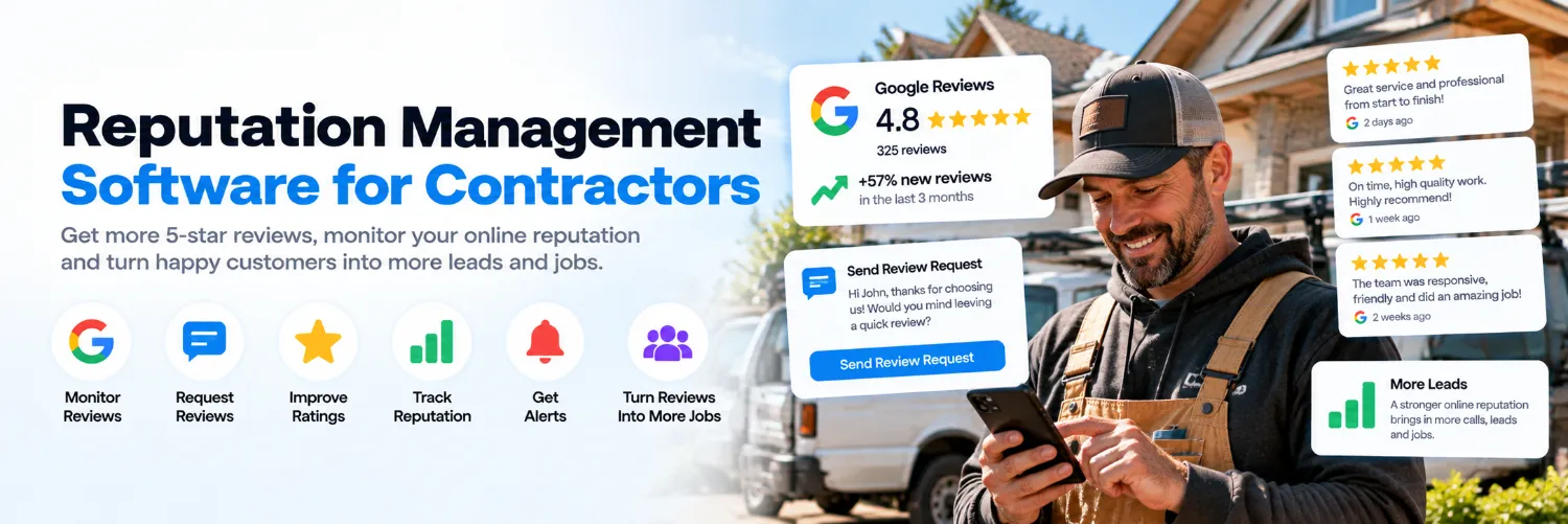 Reputation management software for contractors showing Google reviews, review requests and customer ratings