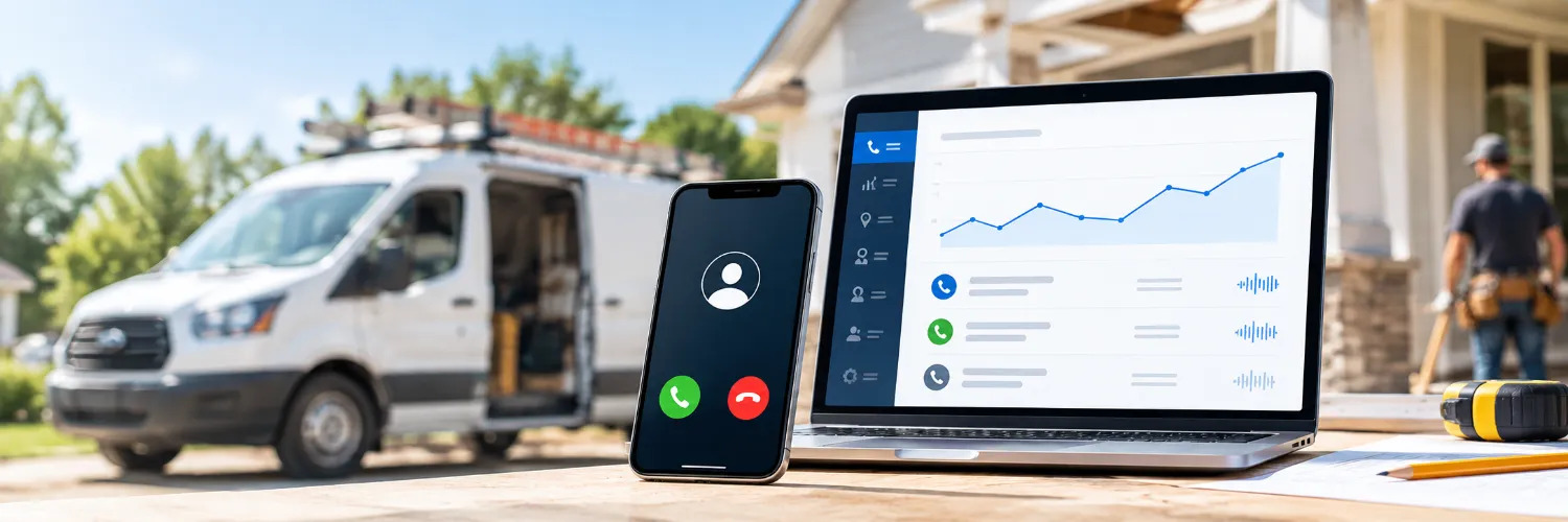 Business phone system and call tracking software for contractors showing an incoming call and call tracking dashboard